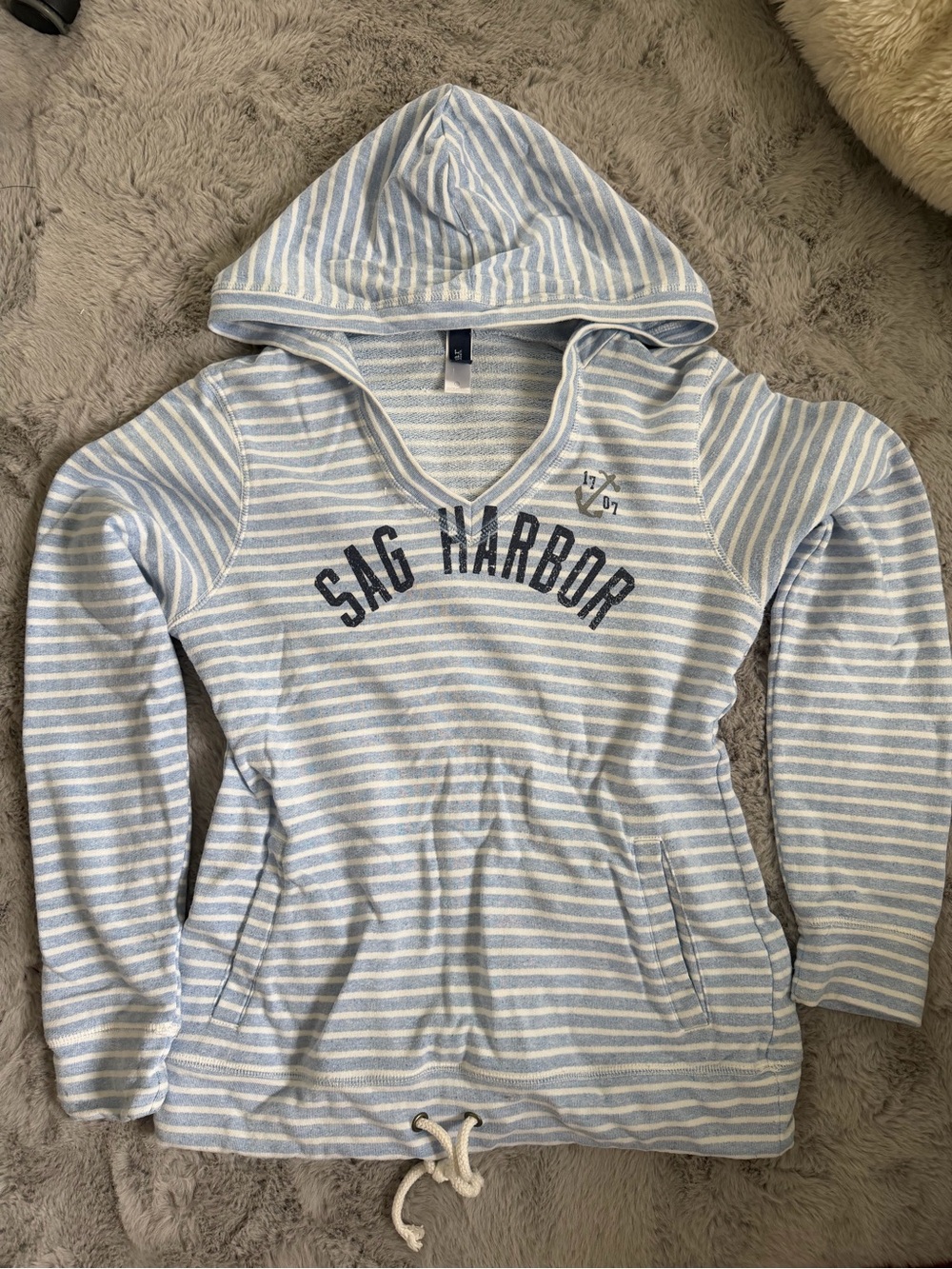 Sag Harbor Women's Light Blue & White Striped Hooded Pullover Sweatshirt